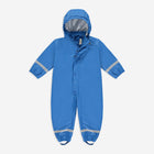 A blue Rainy Day Waterproof Puddle Suit, a one-piece rain suit with a hood, front zip and reflective stripes on the arms and legs.